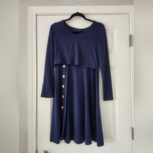 NWT OUGES navy blue Button Front Long Sleeve Dress Medium M